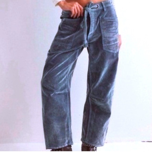 Free People Denim - Free People Flocked Moxie Barrel Jeans Mt Green‎ Blue Low Slung Velvet 31 NWOT